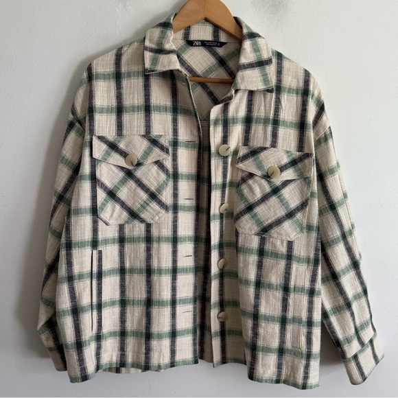Zara || Plaid Overshirt Shacket Oversized Cream Green S - Picture 3 of 9